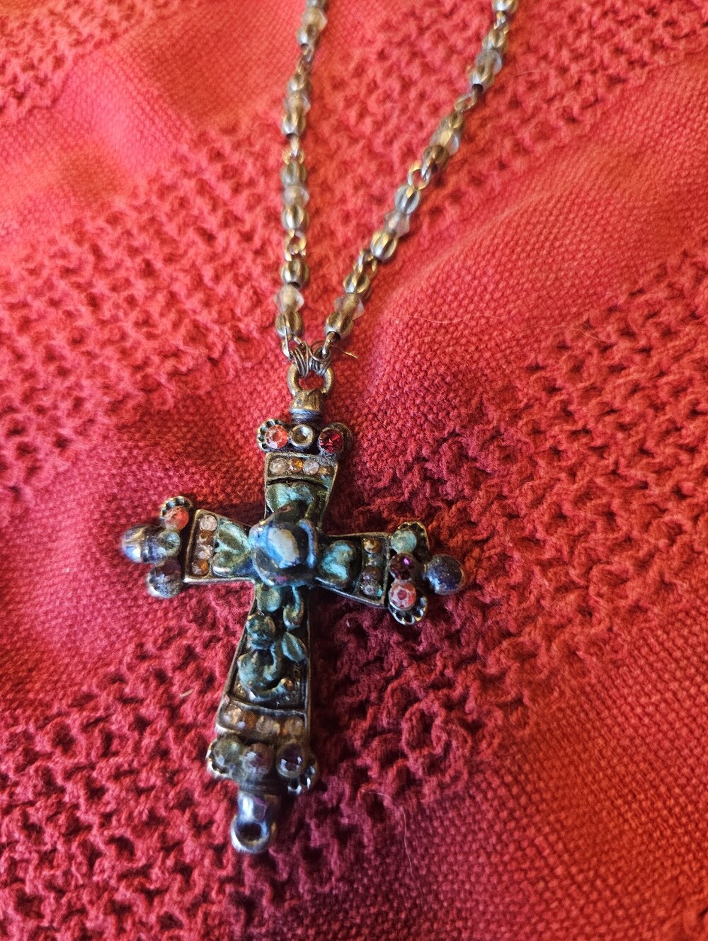 Colorful Cross With Silver Beaded Necklace